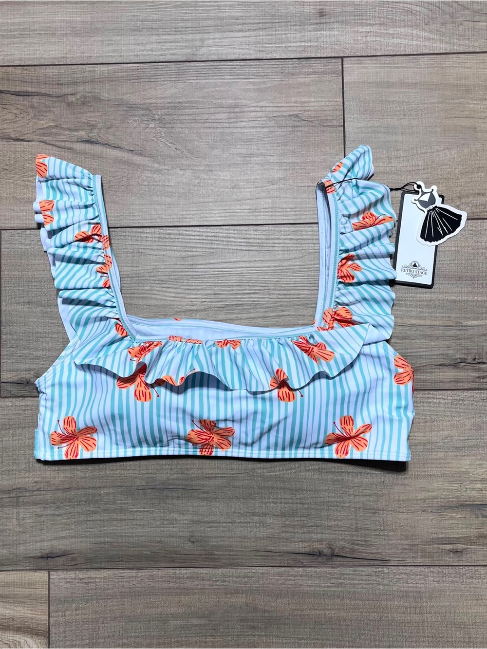 Retro Stage Womens 1950s Style Floral Striped Ruffle Bikini Swim Top Size XL